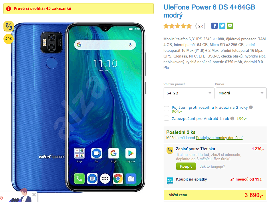 Ulefone, 8x 2,3GHz, 4GB RAM, 6,3", NFC
