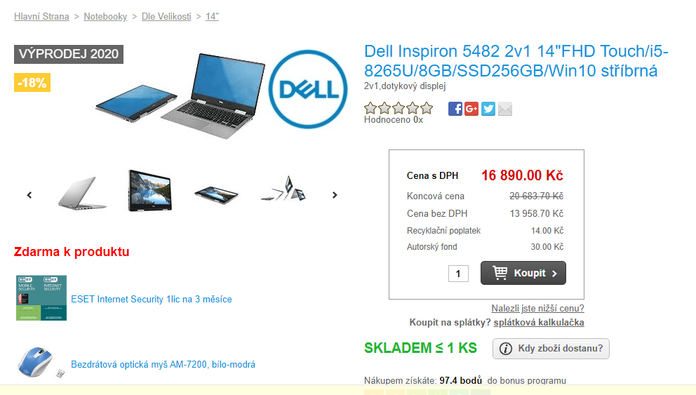 Dell, i5, 3,9GHz, 8GB RAM, dotyk 15,6", SSD