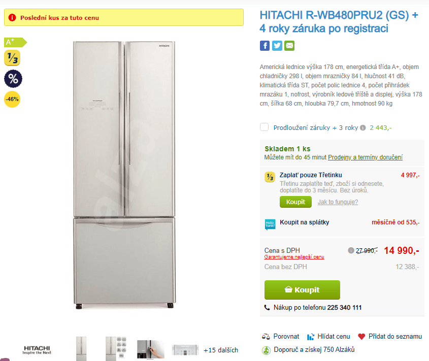 Americká lednice Hitachi, tříšť, 178cm