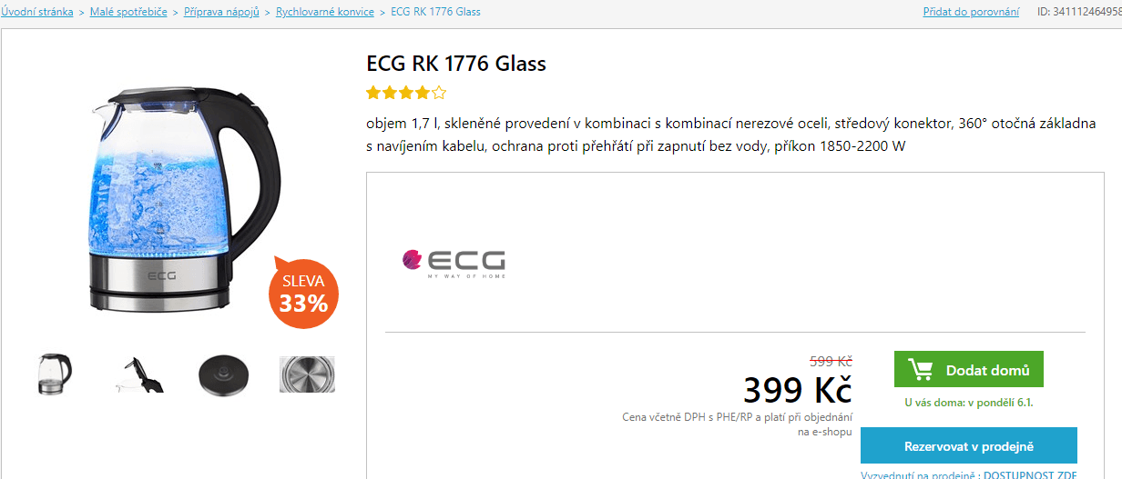 Rychlovarná konvice ECG, 1,7 litru