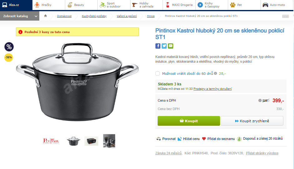 Kastrol Pintinox  hluboký 20 cm, poklice