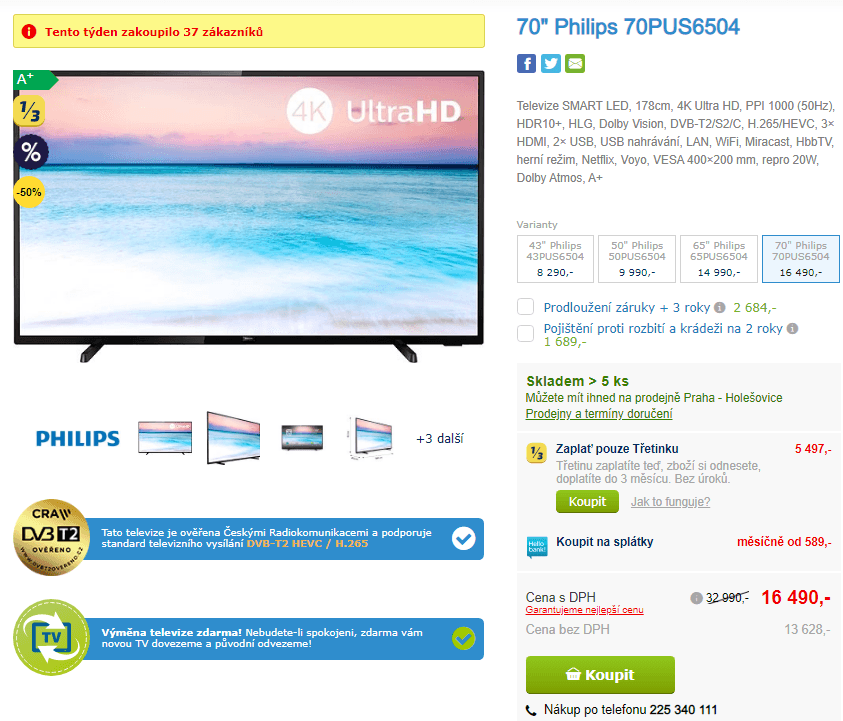 Ultra HD Smart TV, HDR, 170cm, Philips
