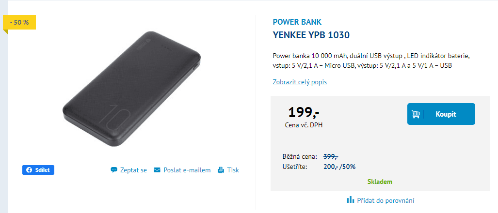 Powerbanka Yenkee 10000 mAh, 2x USB