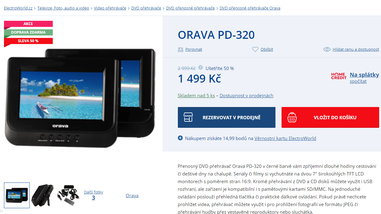Přenosný DVD přehrávač,2 monitory, Orava