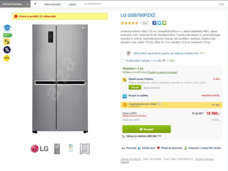 Americká lednice LG, A++, výška 179 cm