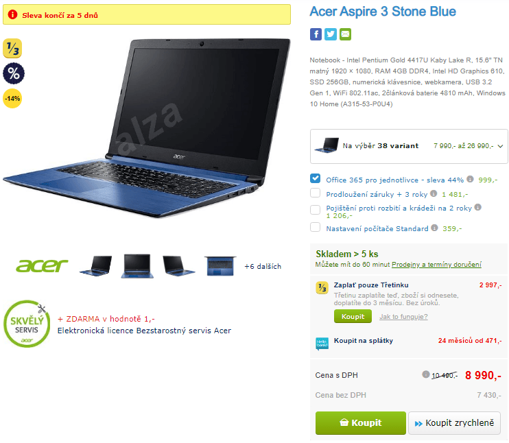 Acer, 2,3GHz, 4GB RAM, 256GB SSD, 15,6"