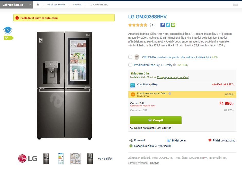 Americká lednice LG, Instaview, led, voda, 180 cm