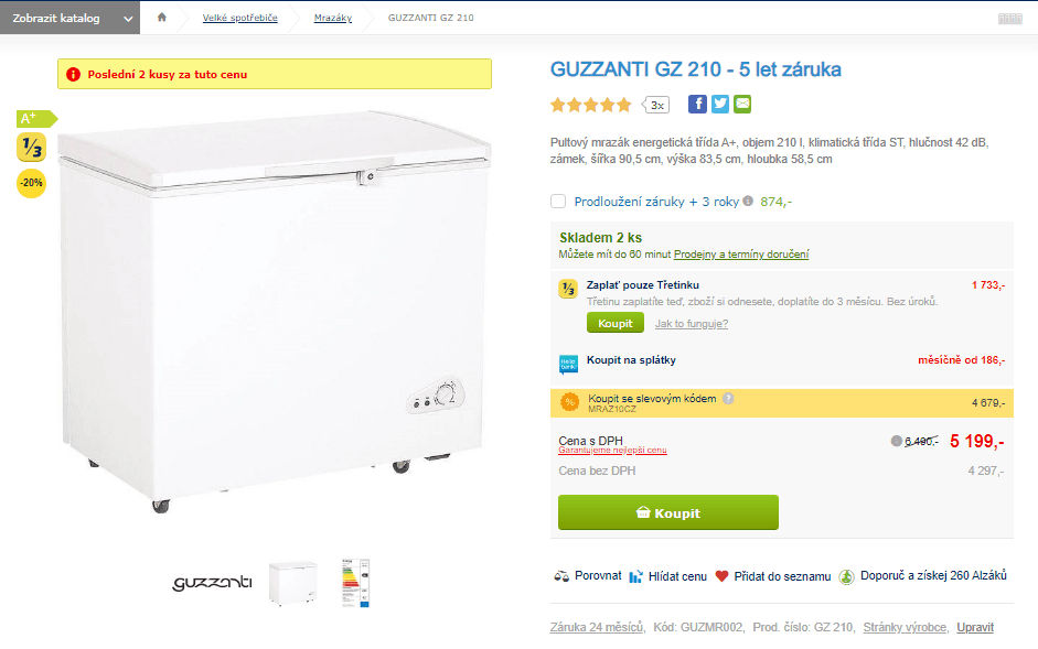 Pultový mrazák Guzzanti, A+, 210 l
