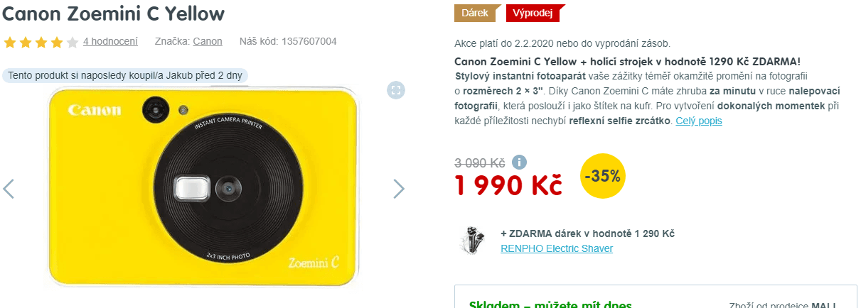 Instantní foťák Canon Zoemini, tisk + dárek