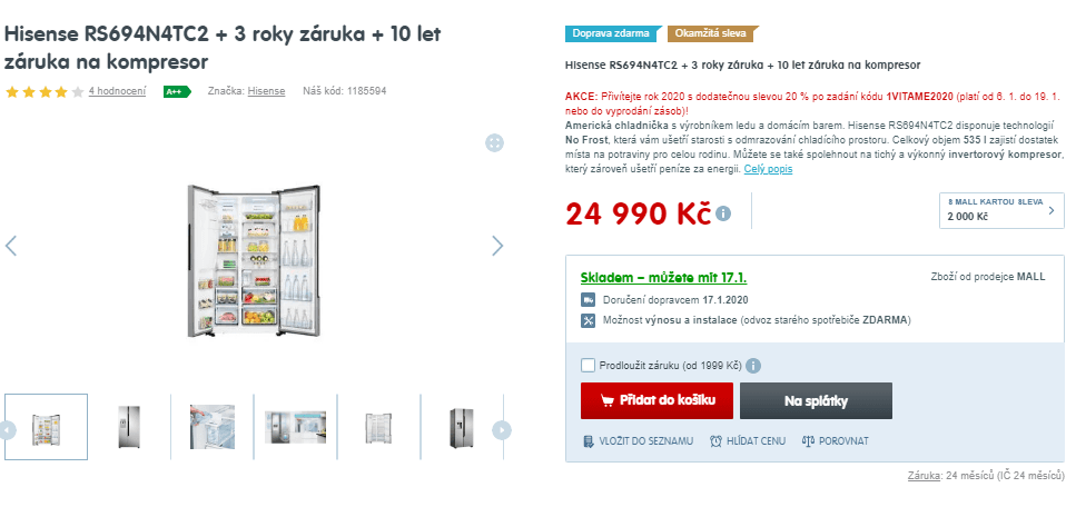 Americká lednice Hisense, A++, 535 l, led