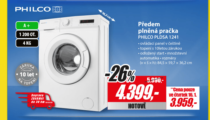 Pračka Philco, 4kg, 1200 ot., 36 cm