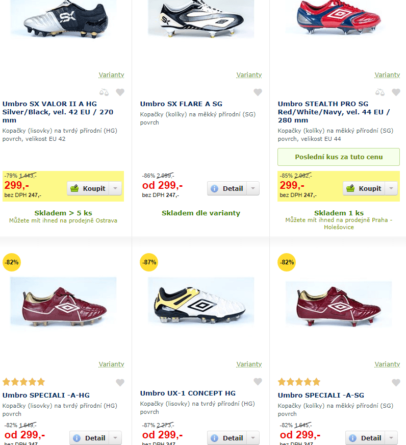Velký výprodej kopaček Umbro a Kelme