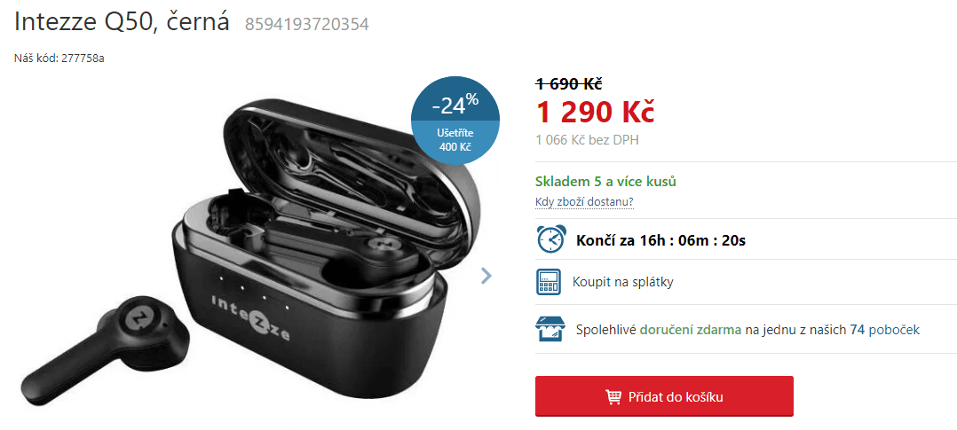 BT sluchátka  Intezze Q50, TWS+