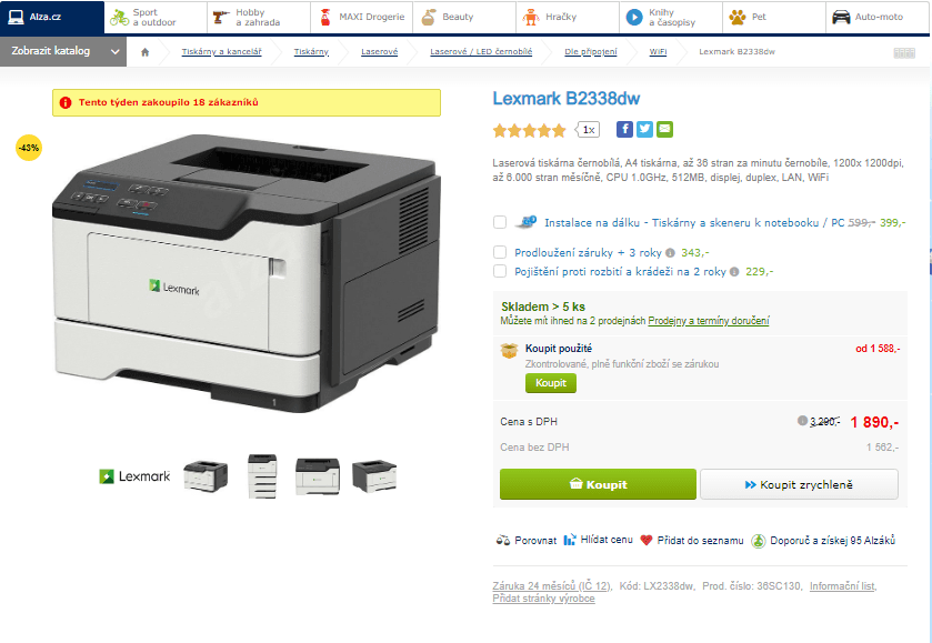 ČB laserová tiskárna, Wifi, Lexmark