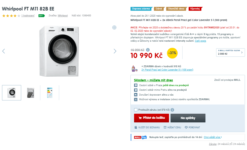 Sušička prádla Whirlpool, 8kg, A++