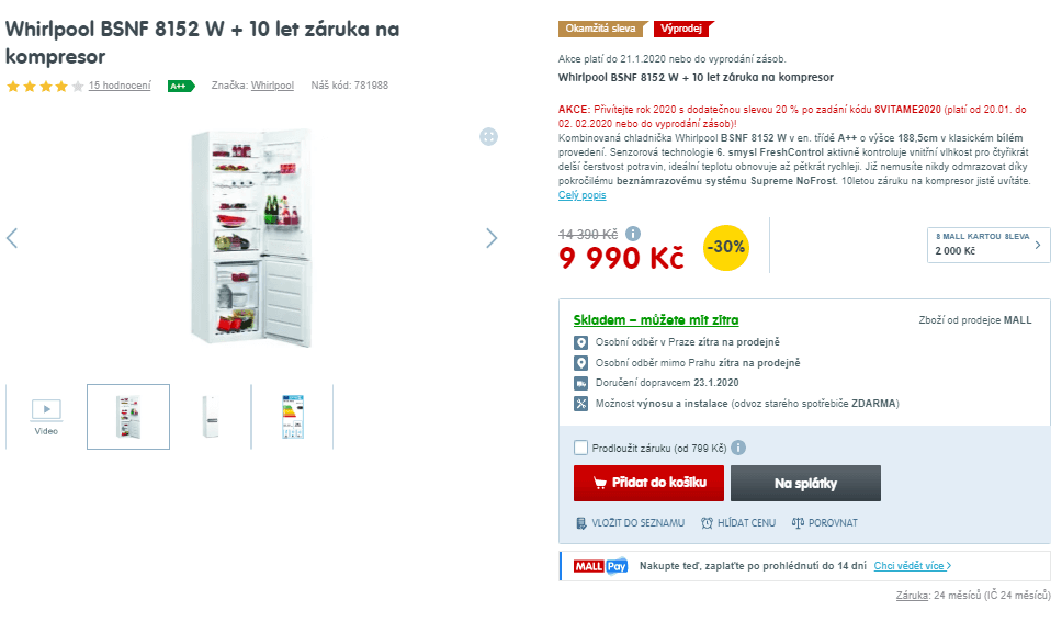 Komb. lednice Whirlpool, A++, 316 l