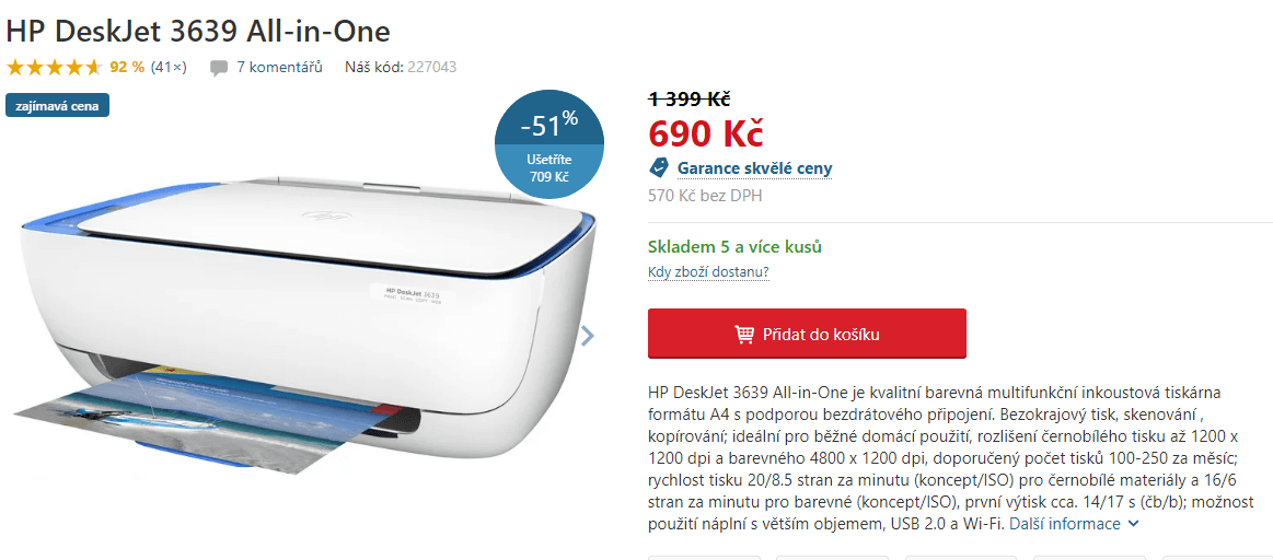 Multifunkční tiskárna, barva, Wifi, HP
