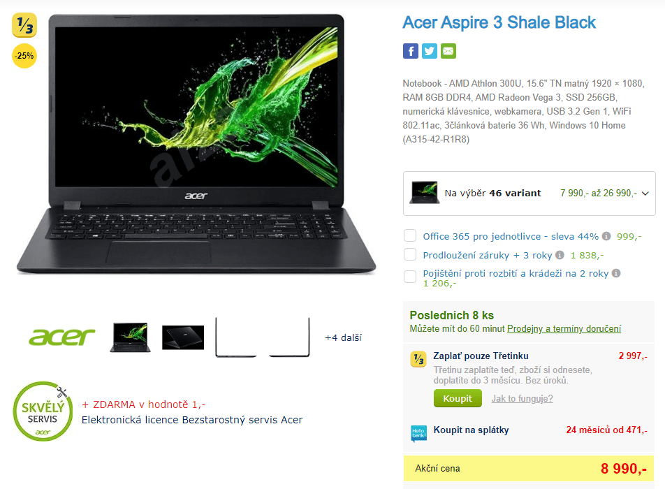 Acer, 3,3GHz, 8GB RAM, SSD, 15,6"