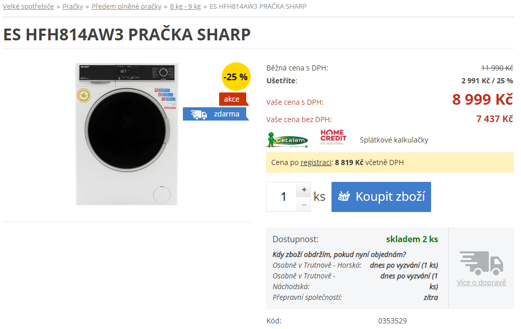 Pračka Sharp, 8kg, 1400 ot., A+++