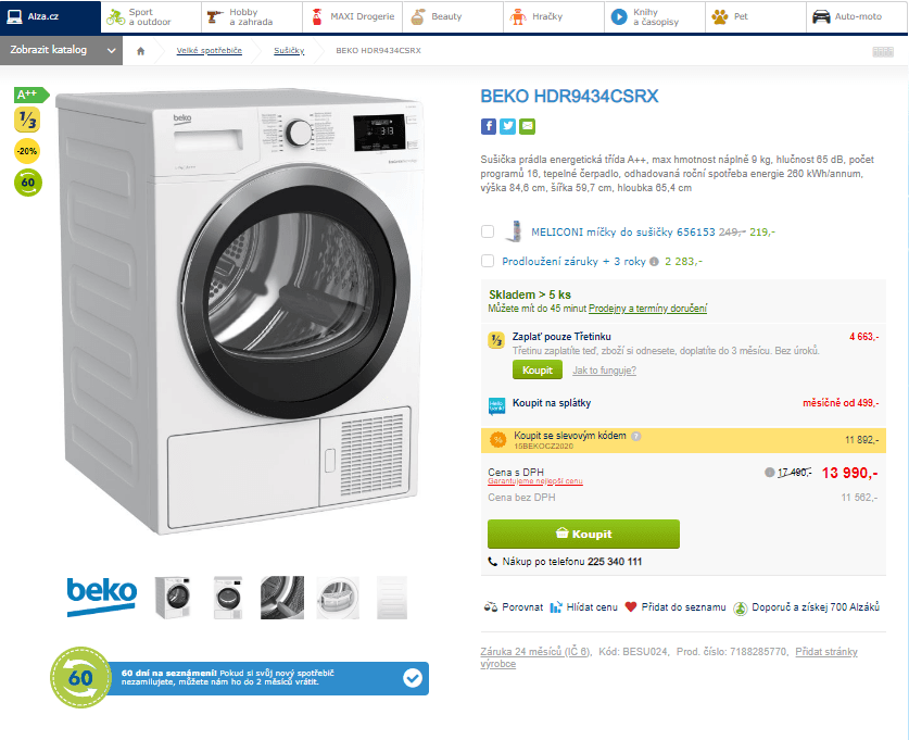 Kond. sušička Beko, A++, 9 kg, 16 prog