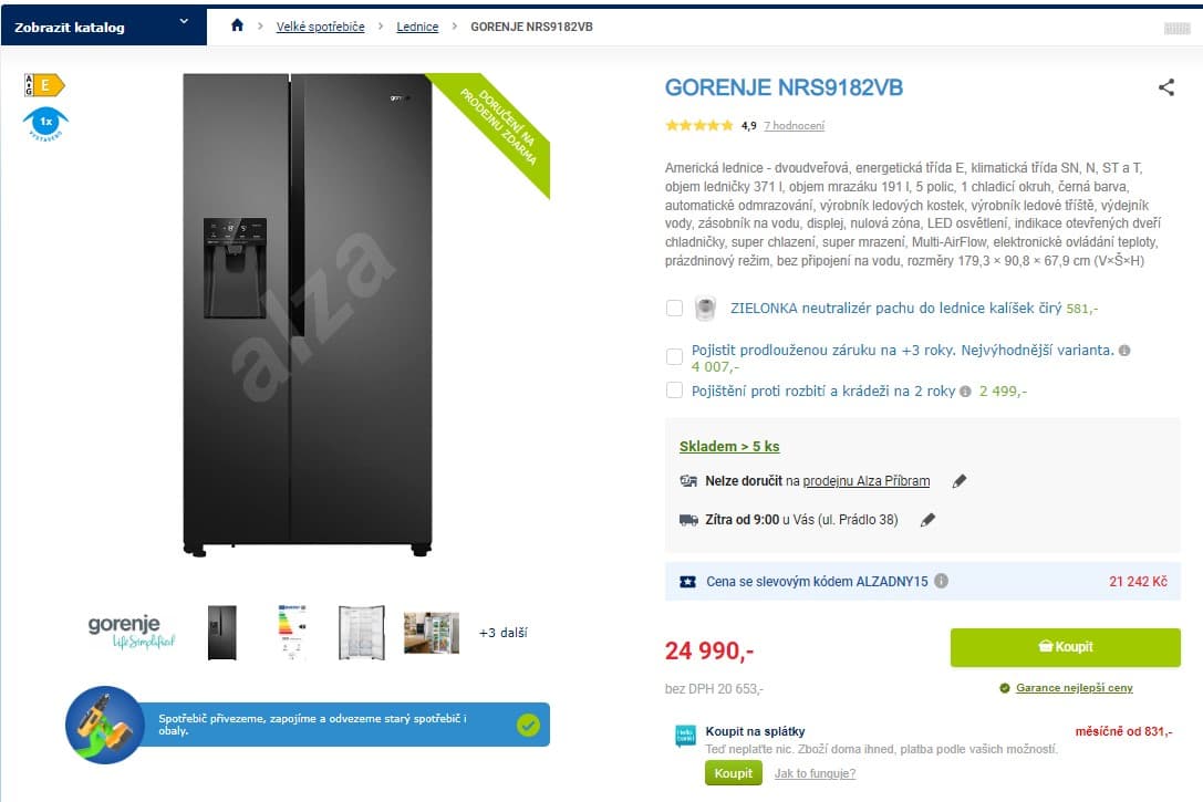 Americká lednice Gorenje, led, voda, 179cm