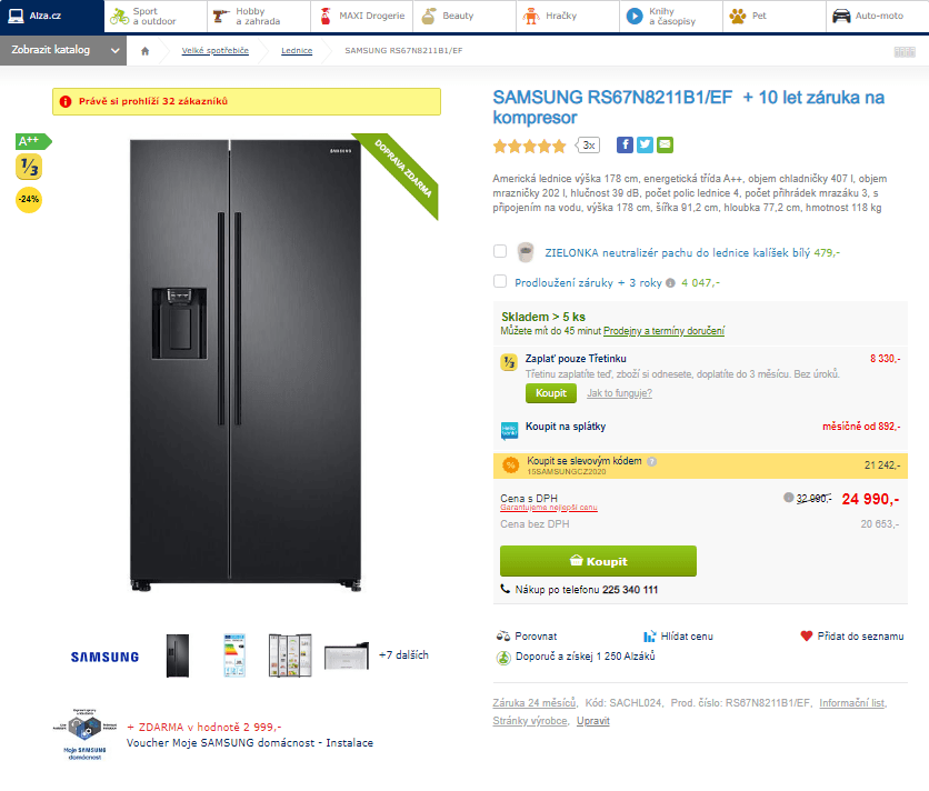 Americká lednice Samsung, led, voda, A++