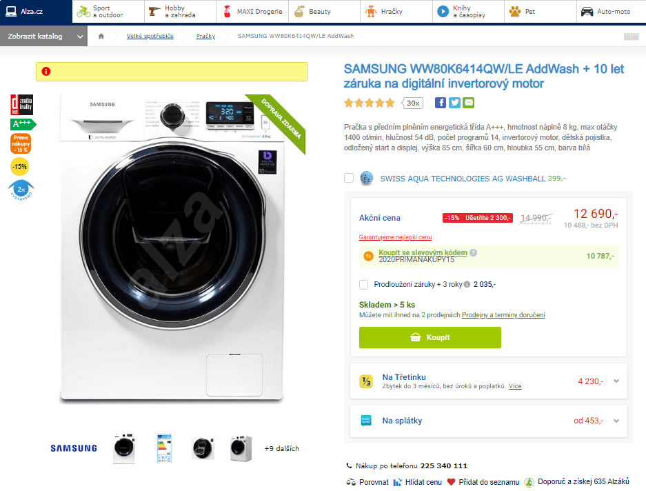 Pračka Samsung, 8kg, 1400 ot., A+++