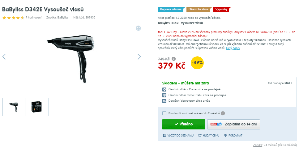 Fén na vlasy Babyliss D342E 