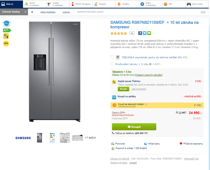 Americká lednice Samsung, A++, led, voda