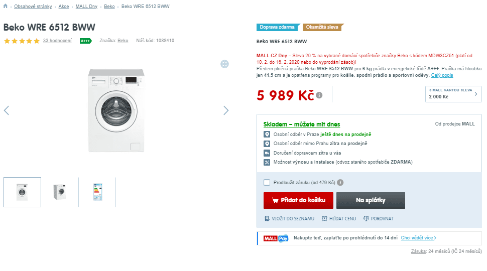 Pračka Beko, 6kg, 1000 ot., A+++. 41,5cm