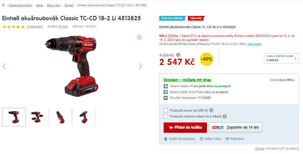 Akušroubovák Einhell příklepový, 2 baterie