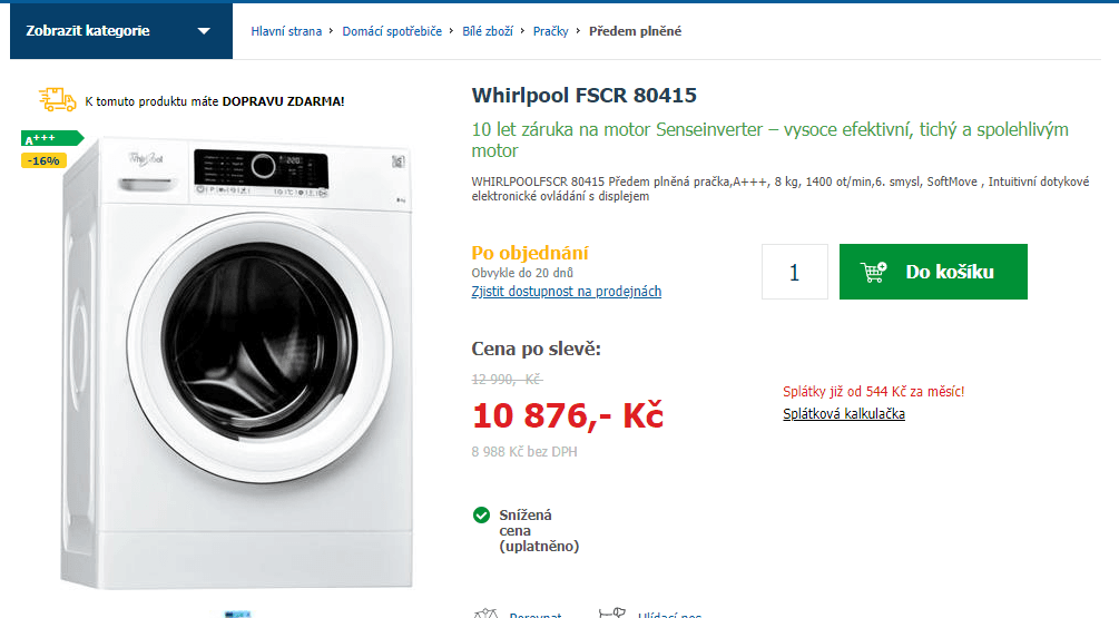 Pračka Whirlpool, 8kg, 1400 ot., A+++