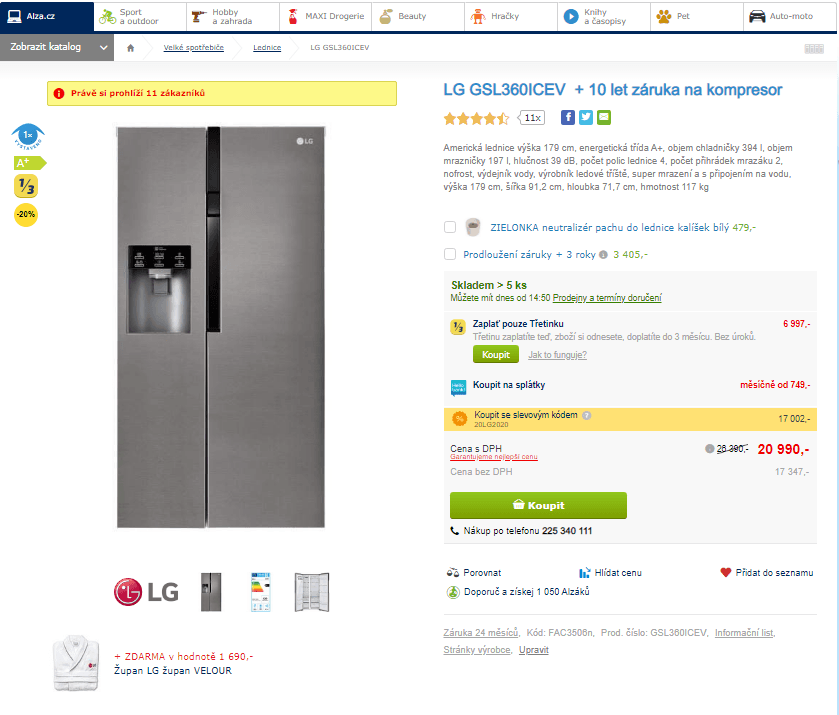 Americká lednice LG, A+, 179 cm