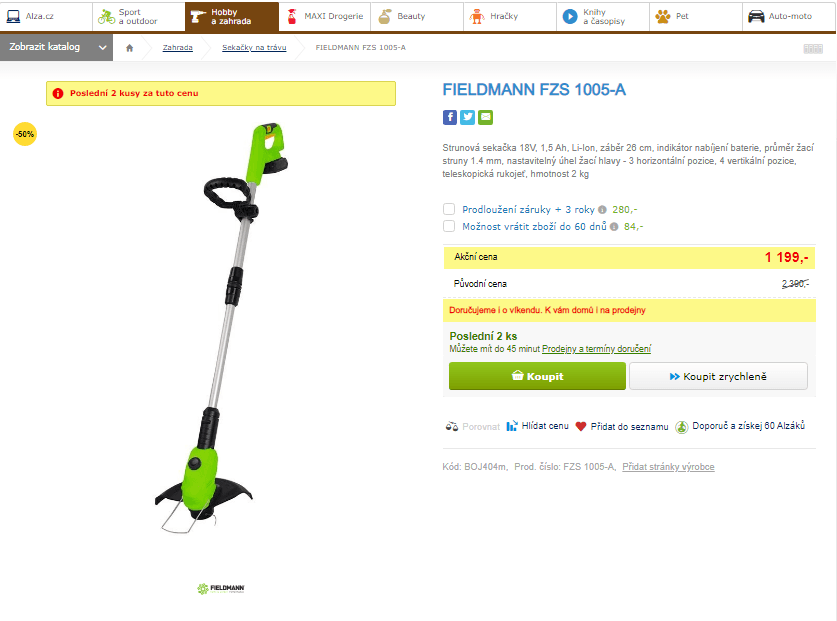 Strunová sekačka Fieldmann, 18V, 26 cm