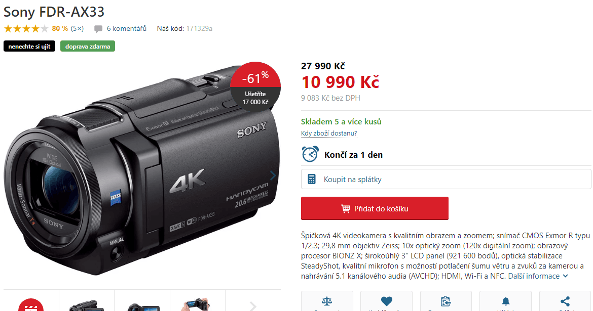 Videokamera SONY, 4K, Wifi, NFC, stabilizace
