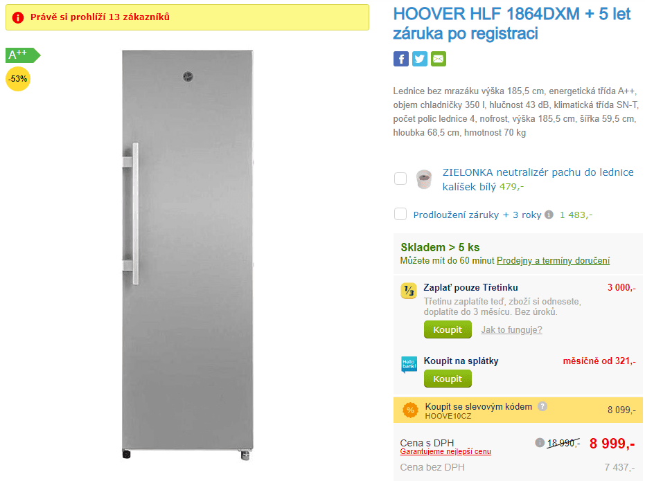 Lednice bez mrazáku Hoover, 185,5cm, A++