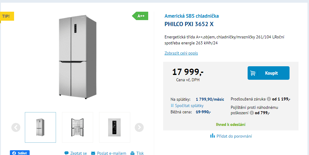 Americká lednice Philco, A++, 185cm