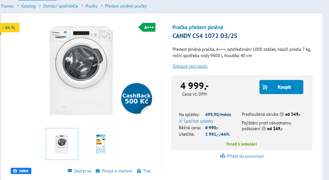 Pračka Candy, 7kg, 1000 ot., NFC, 40cm