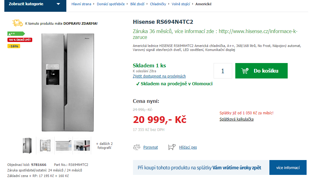 Americká lednice Hisense, A++, 535 l, led