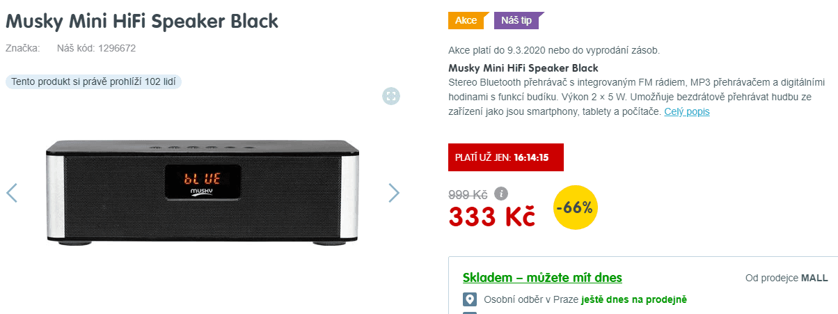 BT mini přehrávač Musky, FM, MP3, budík