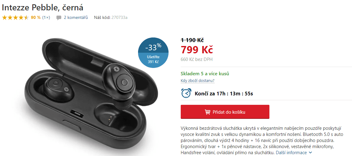 BT sluchátka Intezza Pebble