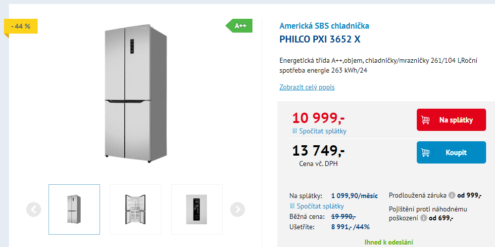 Americká lednice Philco, A++, 185cm