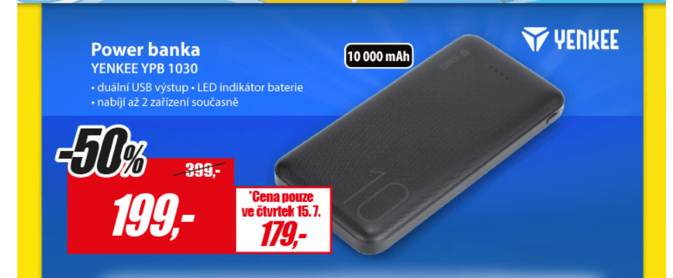 Powerbanka Yenkee 10000 mAh, 2x USB