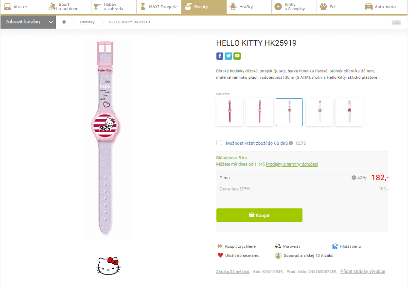 Dětské hodinky Hello Kitty, strojek Quartz