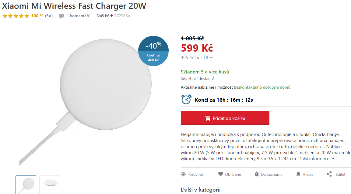 Bezdrátová nabíječka Xiaomi Mi, Qi, 20W 