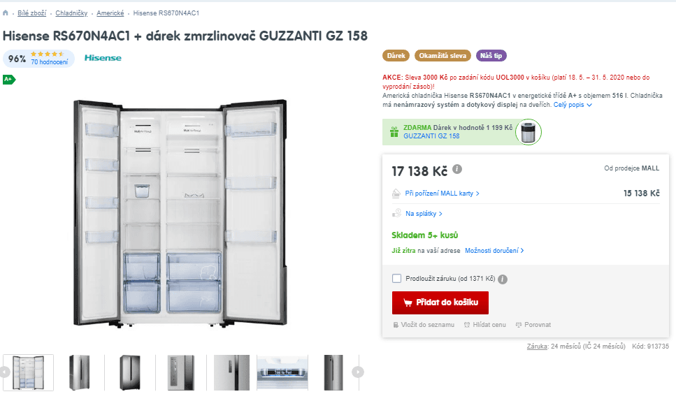 Americká lednice Hisense, led, displej, no frost