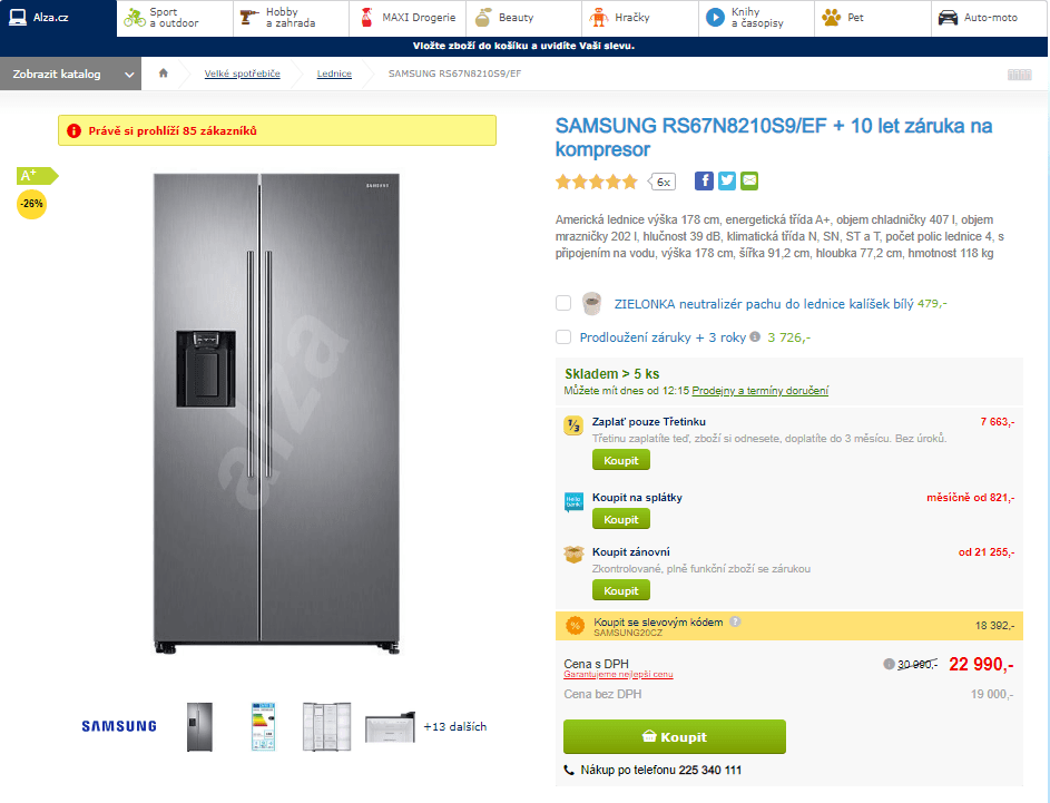 Americká lednice Samsung, A+, voda