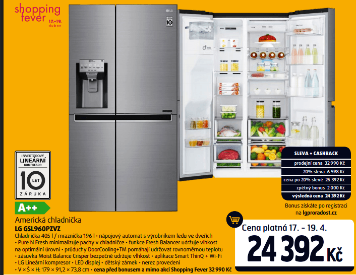 Americká lednice LG, led, voda, 179cm