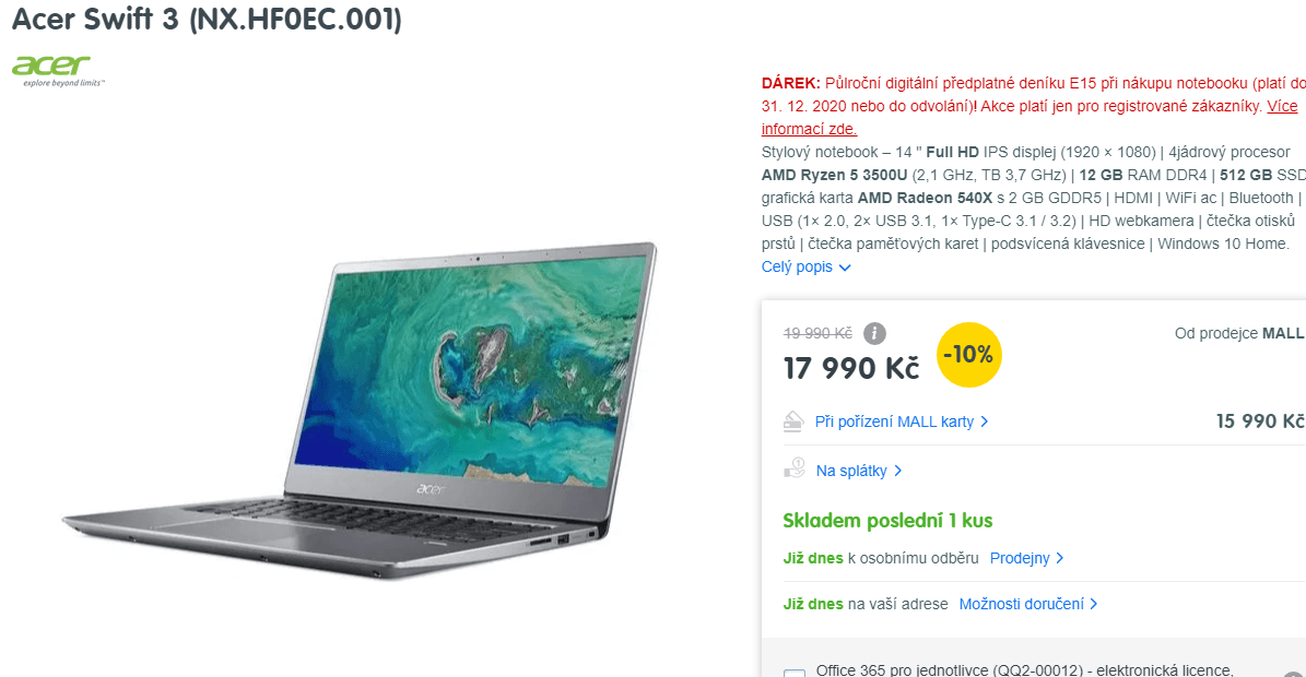 Acer, až 3,7GHz, 12GB RAM, 2GB grafika, 1,5kg