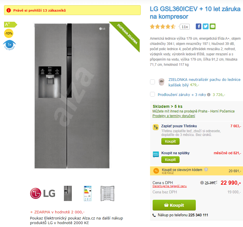 Americká lednice LG, A+, led, 179 cm